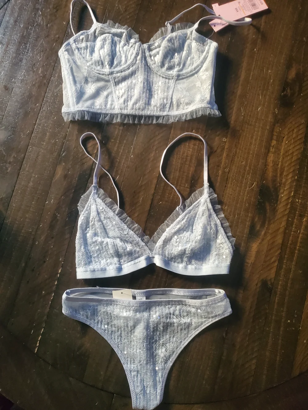 wild fable Light Blue Lace Bralette, Triangle Bra & Thong Set